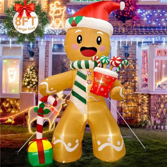 2.2Lbs LED 8FT Christmas Inflatable Decorations Gingerbread Man